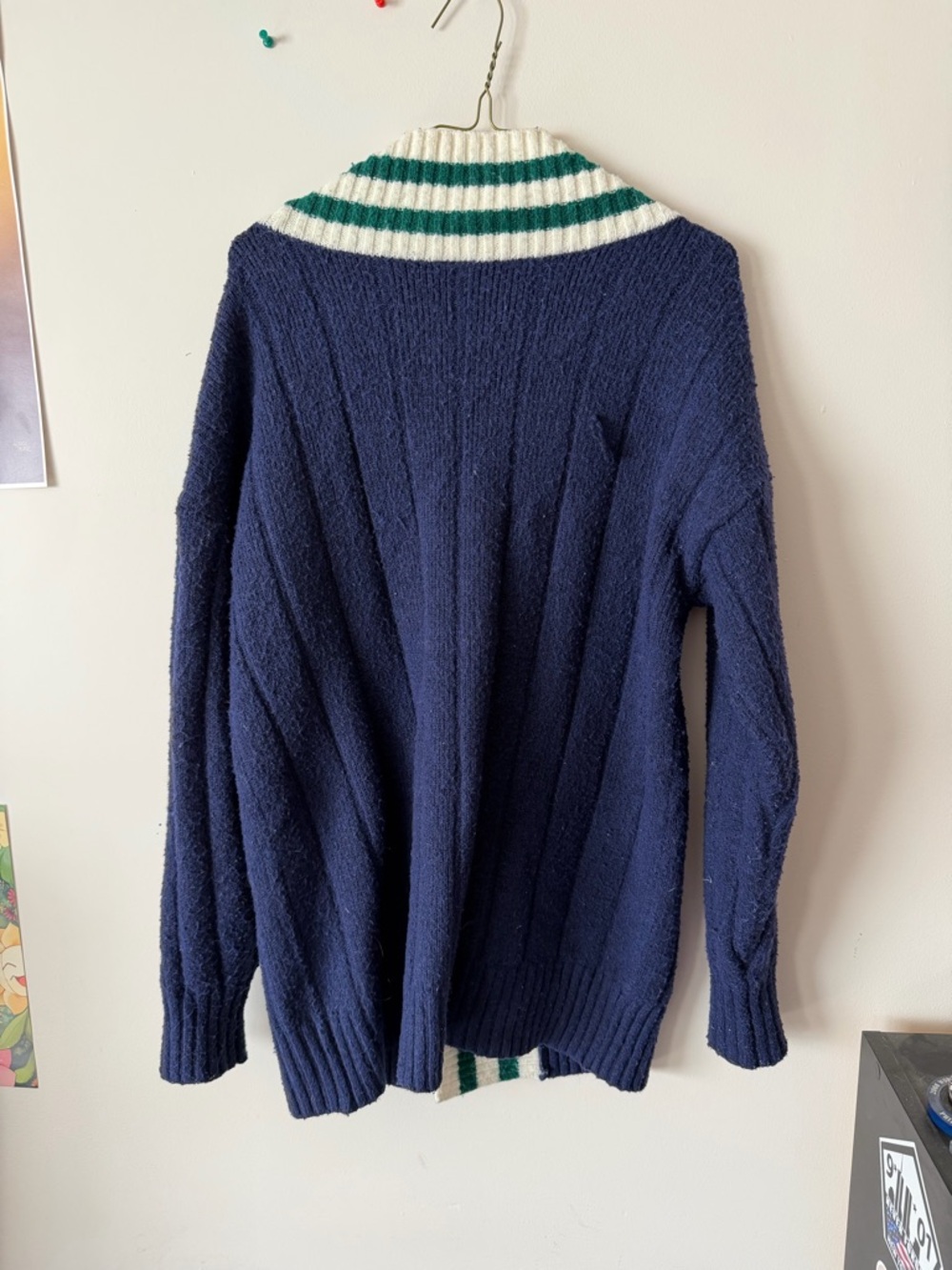 PINK Victoria's Secret Navy Shawl-Collar Cardigan with Cream & Green Stripes - Picture 4 of 5